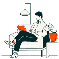 タブレットを手に椅子に座っている人物のイラスト